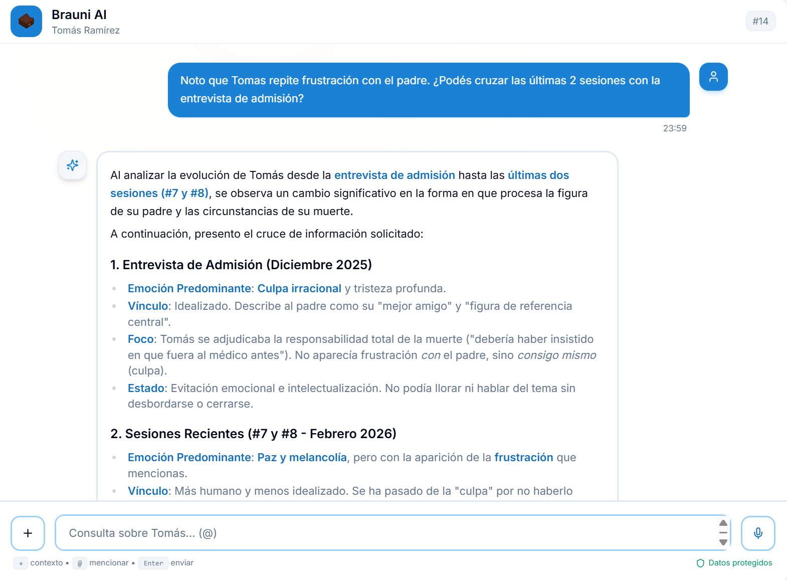Chat de Brauni IA cruzando datos de la entrevista de admisión con sesiones recientes de un paciente